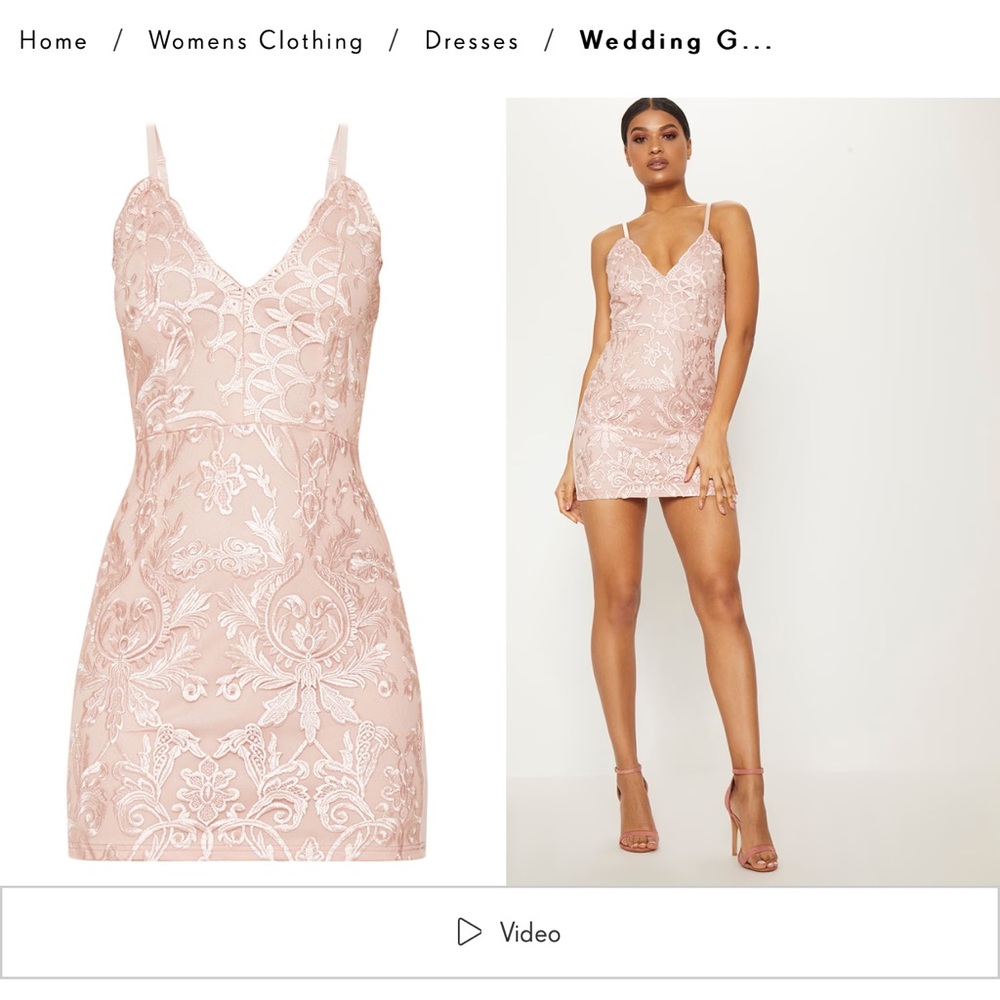 Dusty Pink Embroidered Lace Detail Plunge Bodycon Dress